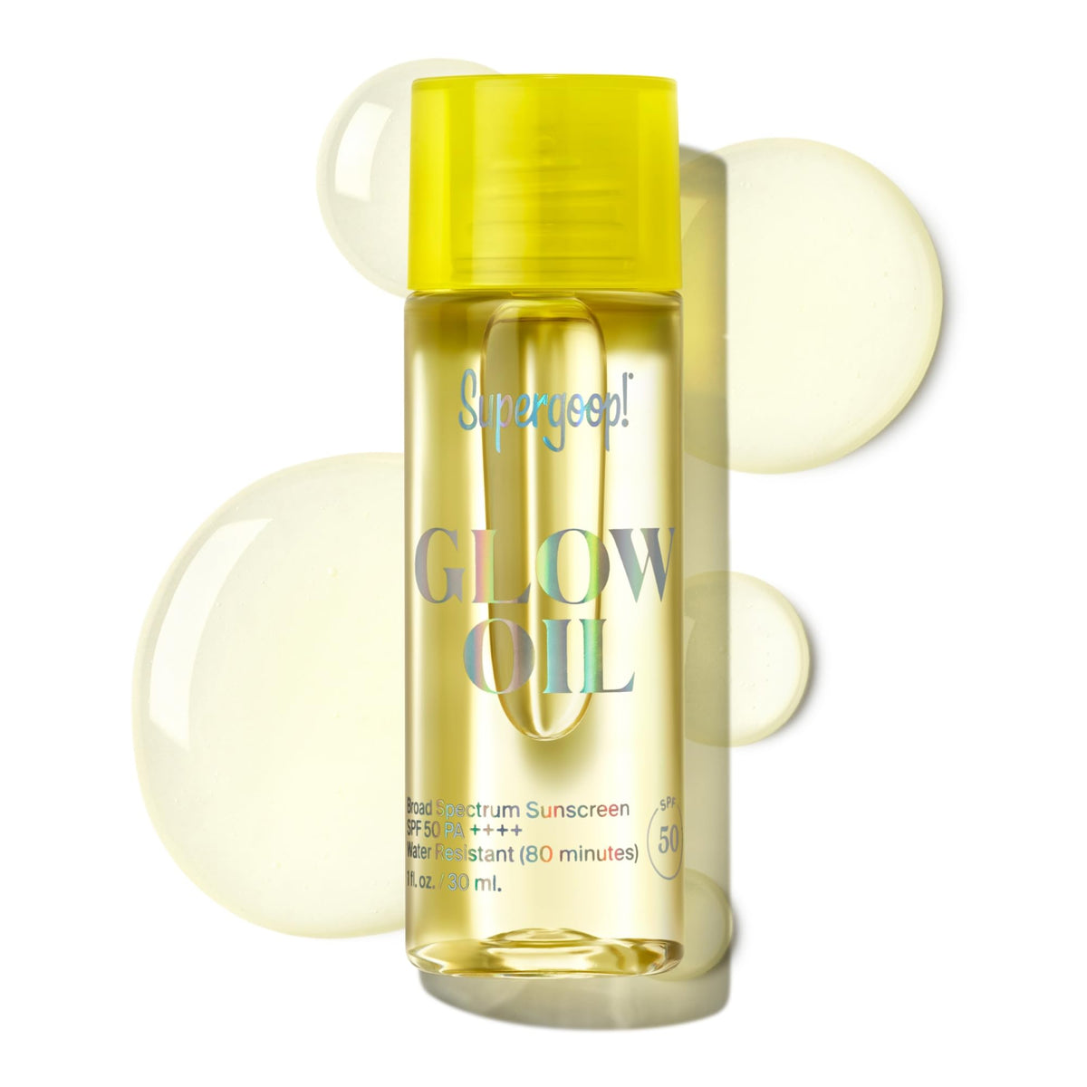 Supergoop Glow Oil bottle showing lightweight SPF 50 for daily glow