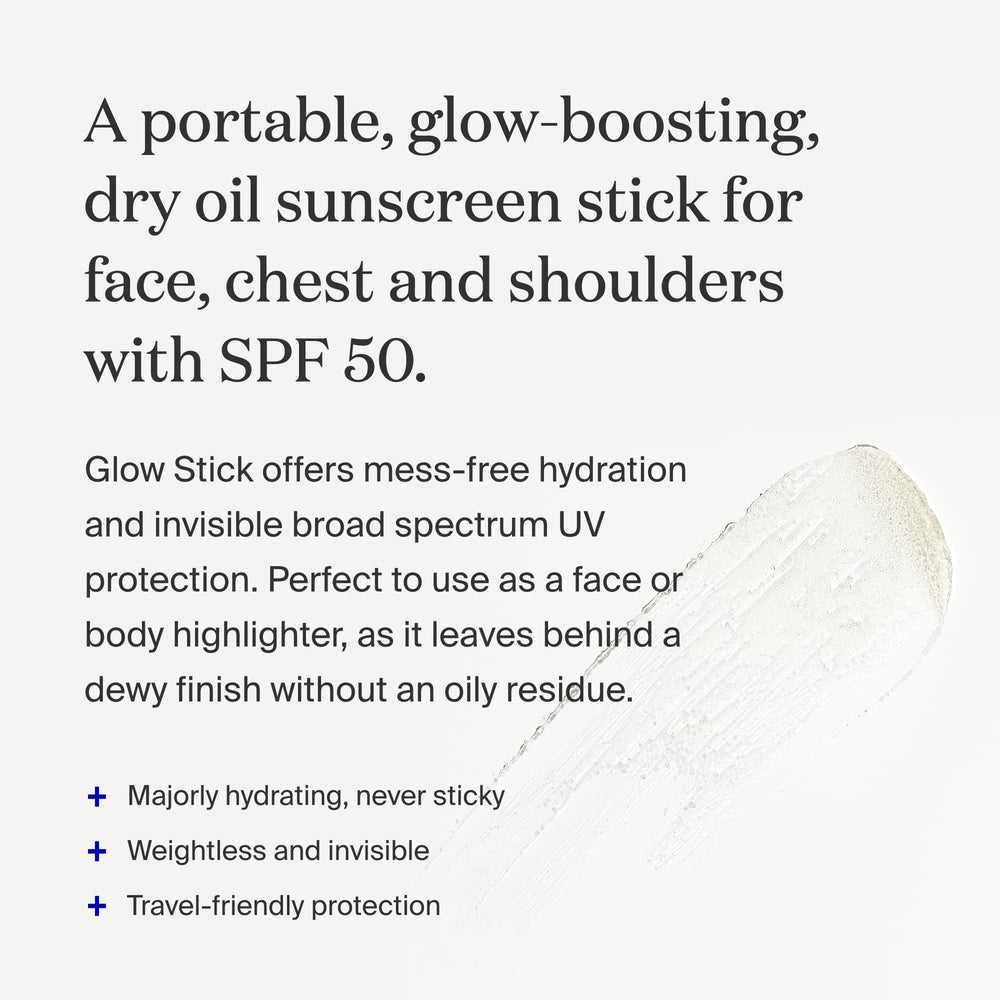 Supergoop Glow Stick applied to face and body for invisible hydration.