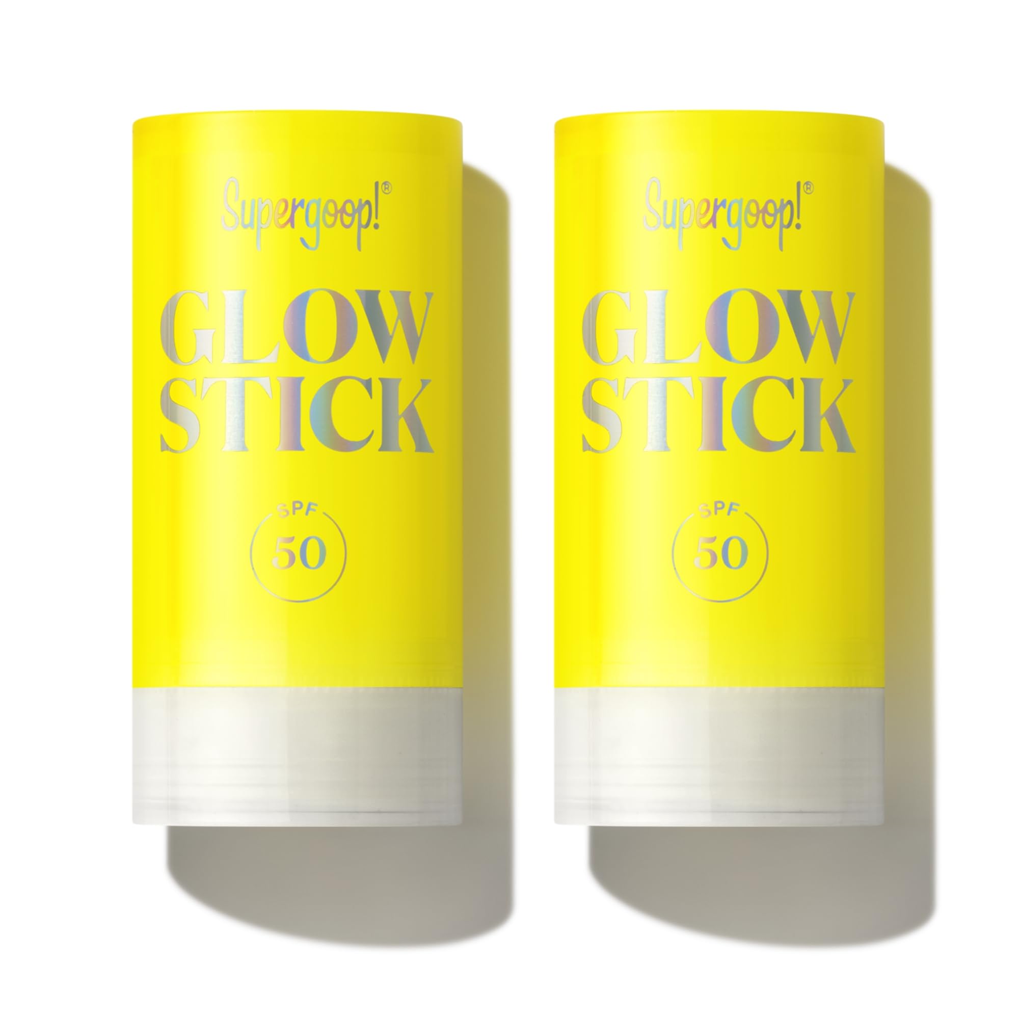 Supergoop Glow Stick pack 2 shows SPF 50 application on skin, portable protection.