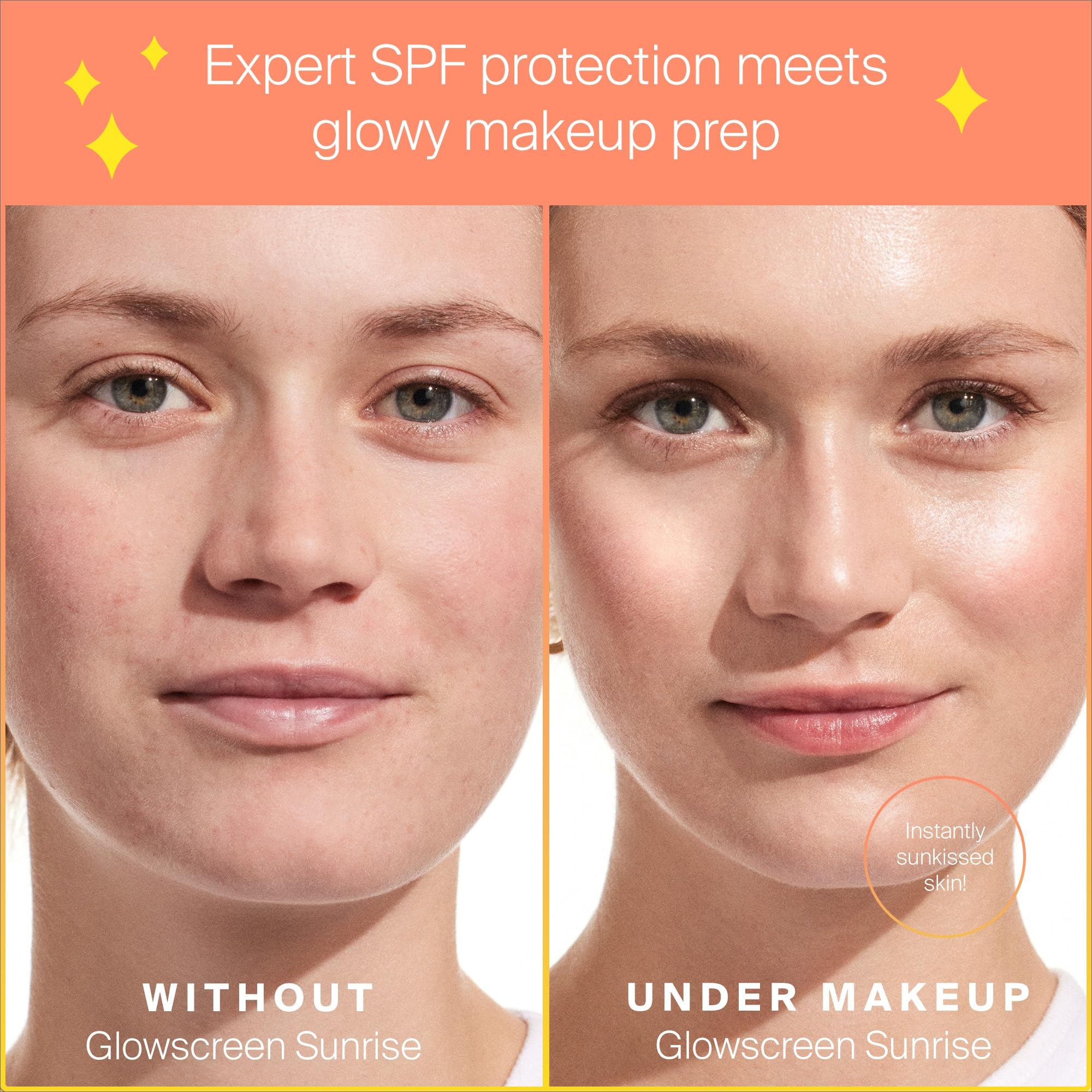 Supergoop! Glowscreen makeup base illustrates priming glow before makeup application.