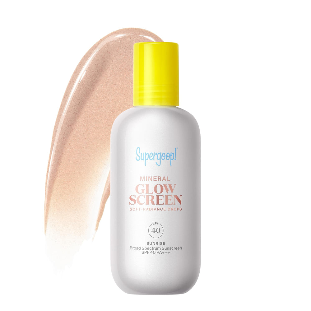 Supergoop Glowscreen Sunrise bottle shows mineral SPF 40 protection and radiant glow.