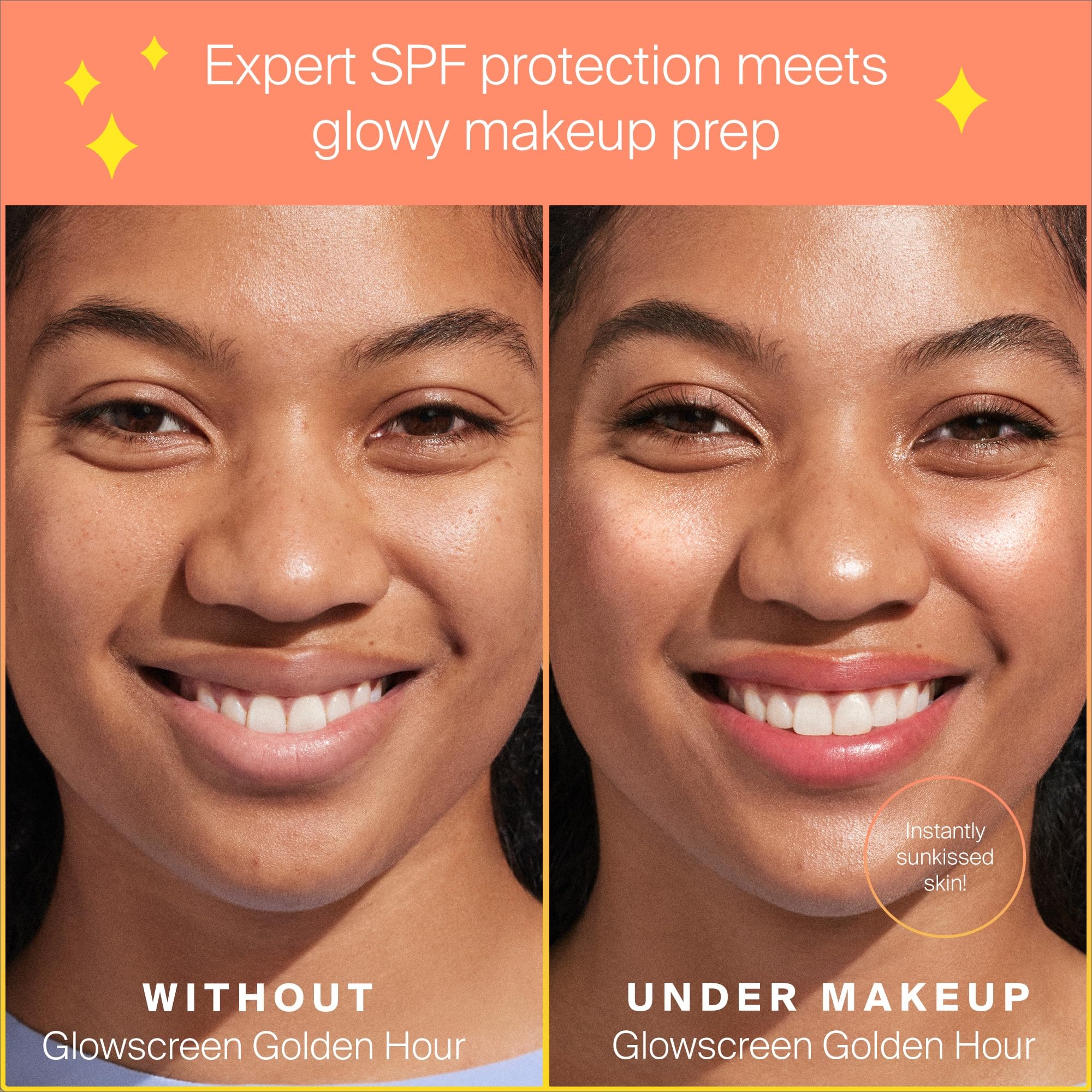 Supergoop! Glowscreen Golden Hour face primed closeup shows makeup-gripping base.