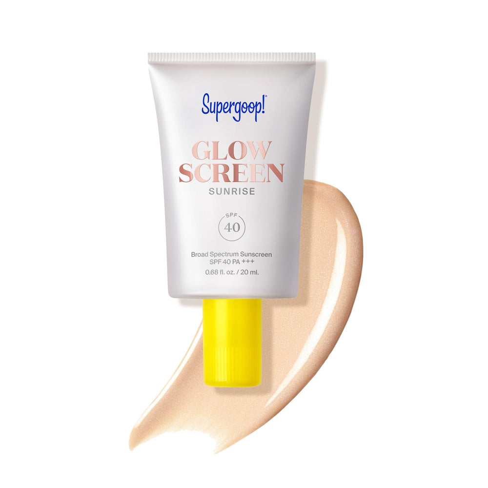 Supergoop! Glowscreen Sunrise bottle-pour demonstrates a creamy SPF primer for a luminous base