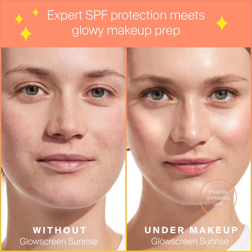 Supergoop! Glowscreen Sunrise tinted-base-application describes makeup-ready primer with light tint