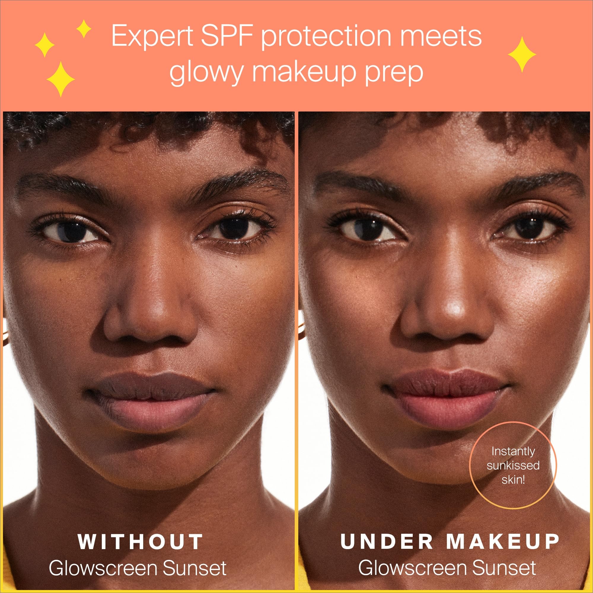 Supergoop Glowscreen Sunset pearlescent finish visible on cheek for luminous base