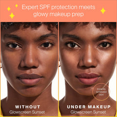 Supergoop Glowscreen Sunset pearlescent finish visible on cheek for luminous base