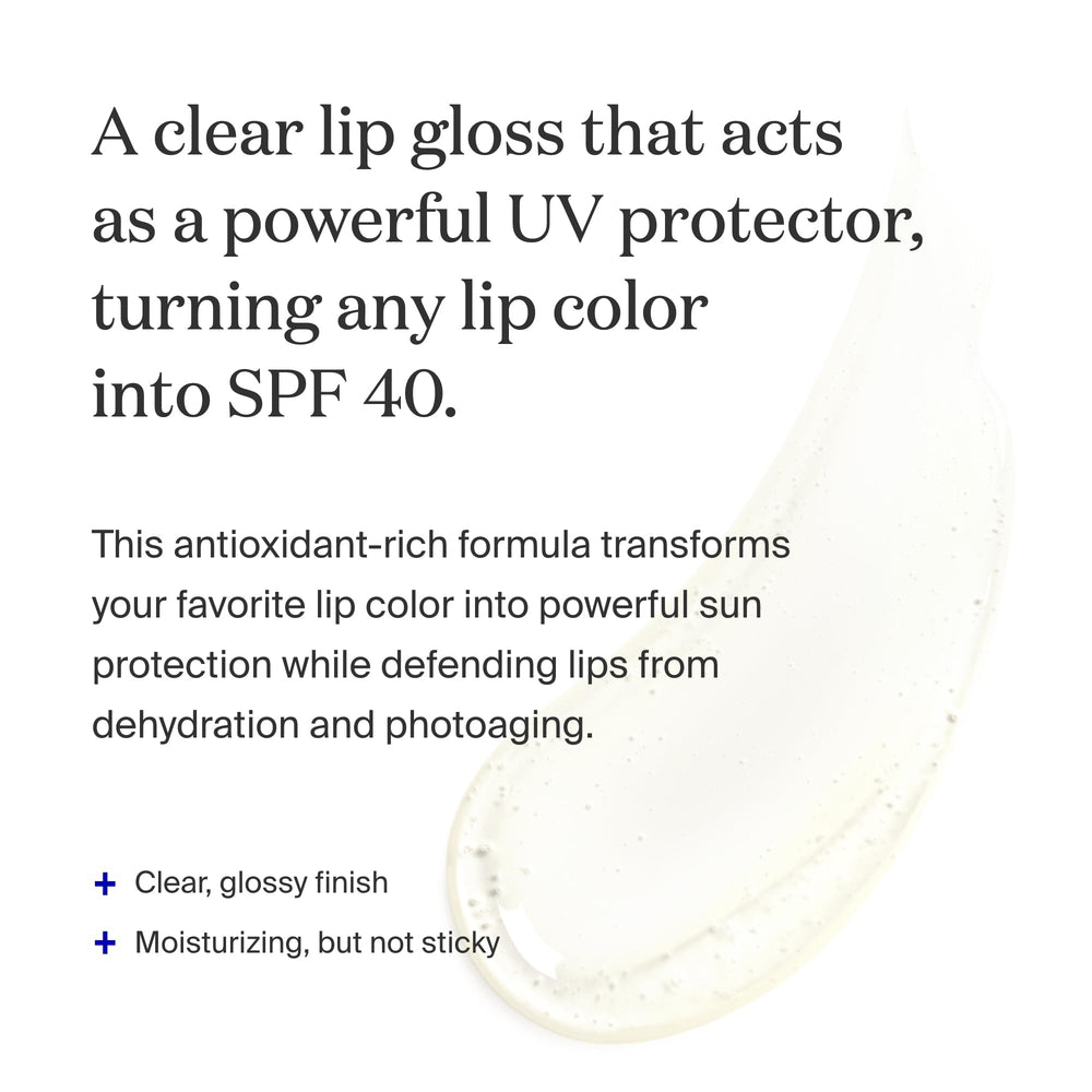 Supergoop Lipscreen Shine SPF 40 applied on lips for a glossy, protective finish.