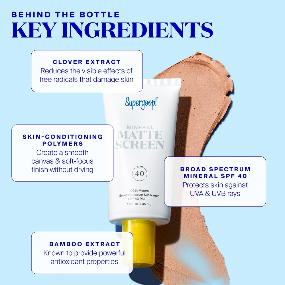 Close-up shows Supergoop! Mineral Mattescreen matte finish and shine control.