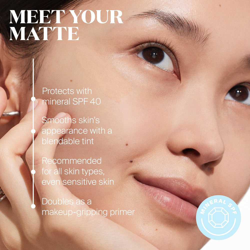 Supergoop! Mineral Mattescreen neutral tint swatch blends for near-invisible coverage.