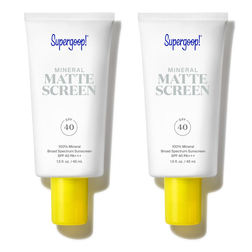 Supergoop! Mineral Mattescreen packaging shows a compact two-pack for easy travel sun protection.