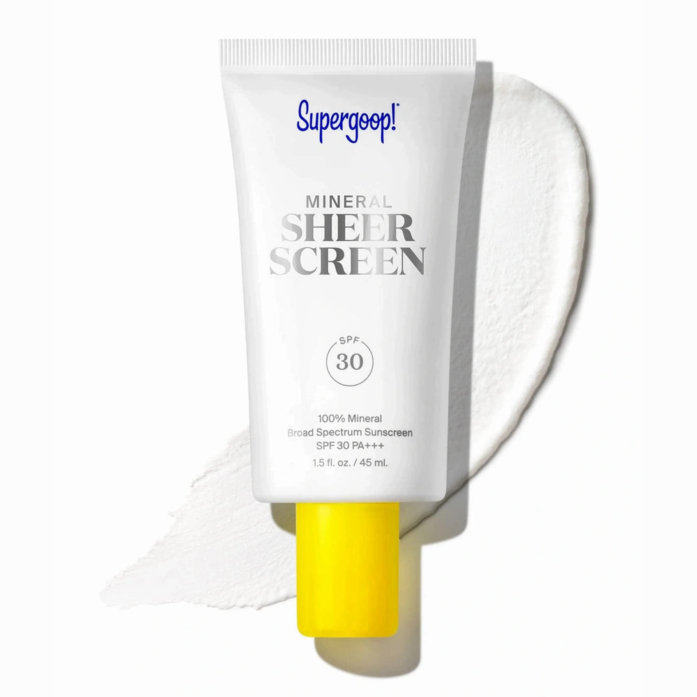Supergoop! Mineral Sheerscreen bottle shows weightless mineral protection for makeup prep.