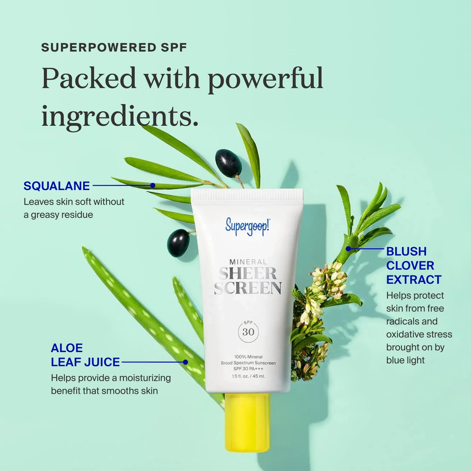 Supergoop! Squalane detail signals soft, non-greasy skin feel.