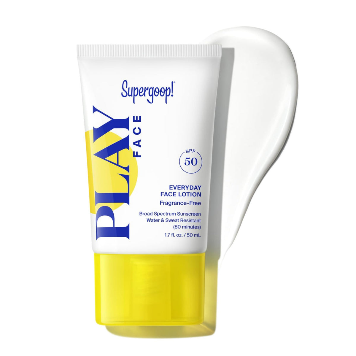Supergoop! PLAY Everyday Face Lotion bottle front showing fragrance-free SPF 50 protection.