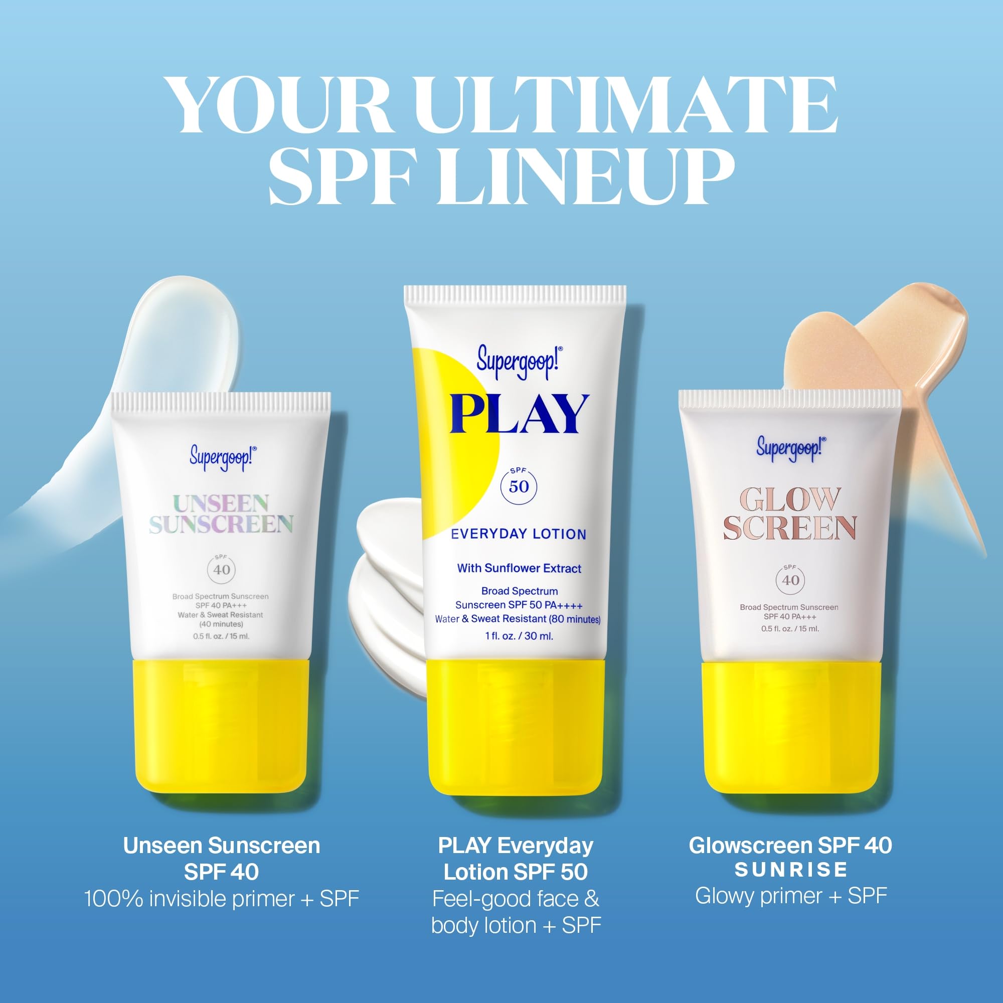 Supergoop Play Everyday Lotion close-up, fast-absorbing hydration for face and body.