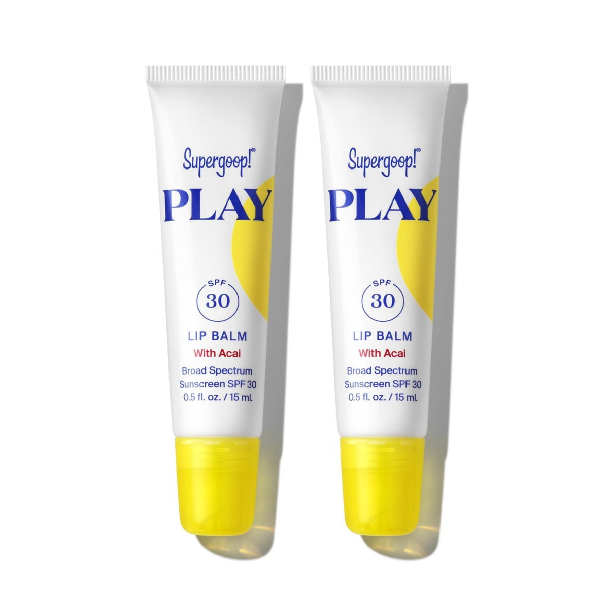 Supergoop! PLAY Lip Balm with Acai front view in twin-pack, SPF 30 lip care.