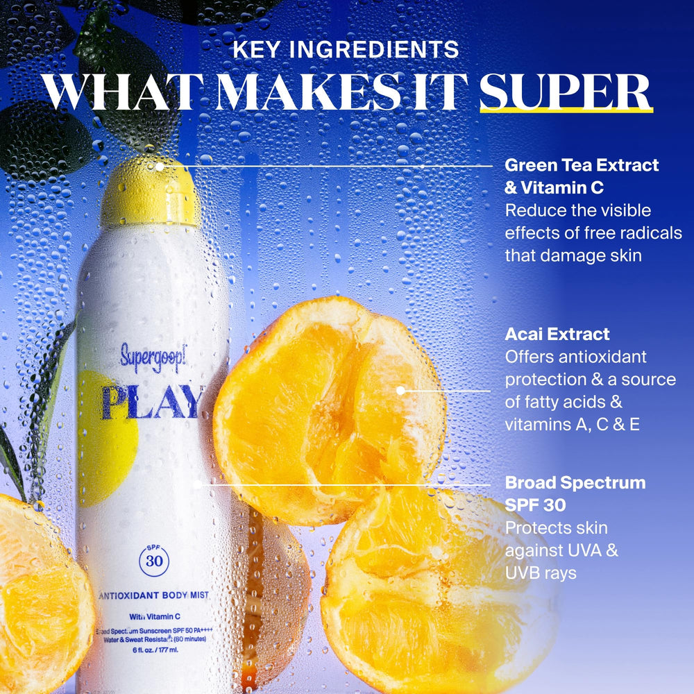 Supergoop! PLAY antioxidant blend with vitamin C and greens nourishes skin.