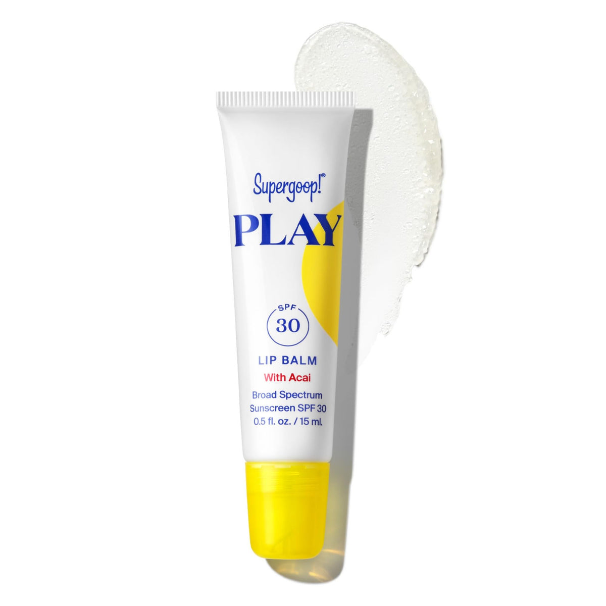 Supergoop PLAY Lip Balm acai tube close-up with SPF 30 protection for lips.