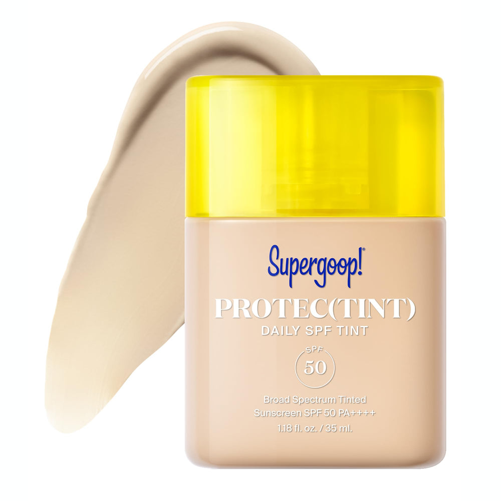 Supergoop! Protec(tint) SPF 50 bottle shows lightweight coverage with broad protection.