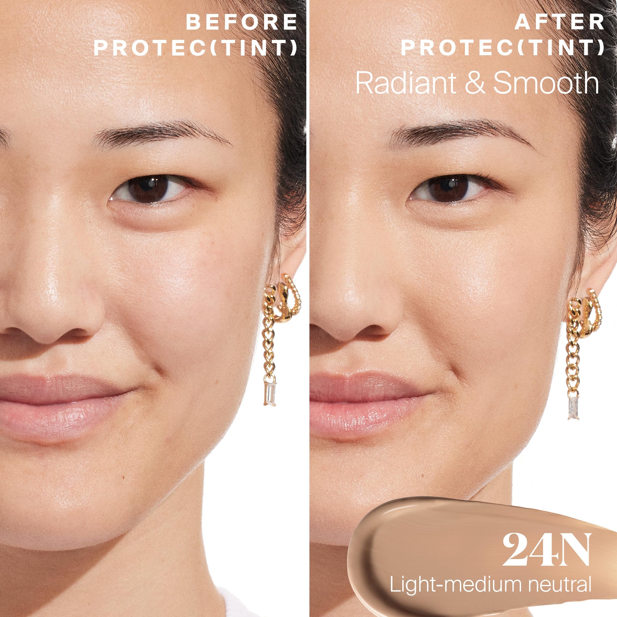 Supergoop Protec tint SPF50 natural finish on face for seamless look