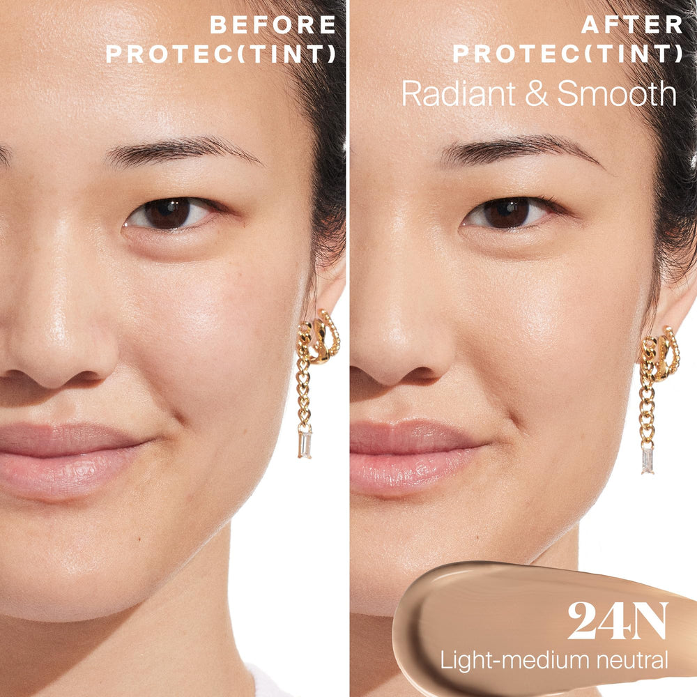 Supergoop Protec tint SPF50 natural finish on face for seamless look