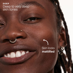 Supergoop! Deep swatch on skin demonstrates matte finish with SPF protection.