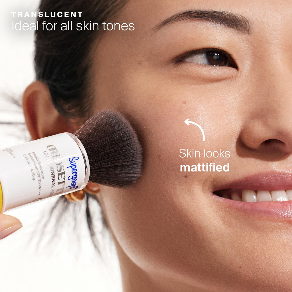 Supergoop! (Re)setting Powder on the face delivers a soft-focus finish and SPF.