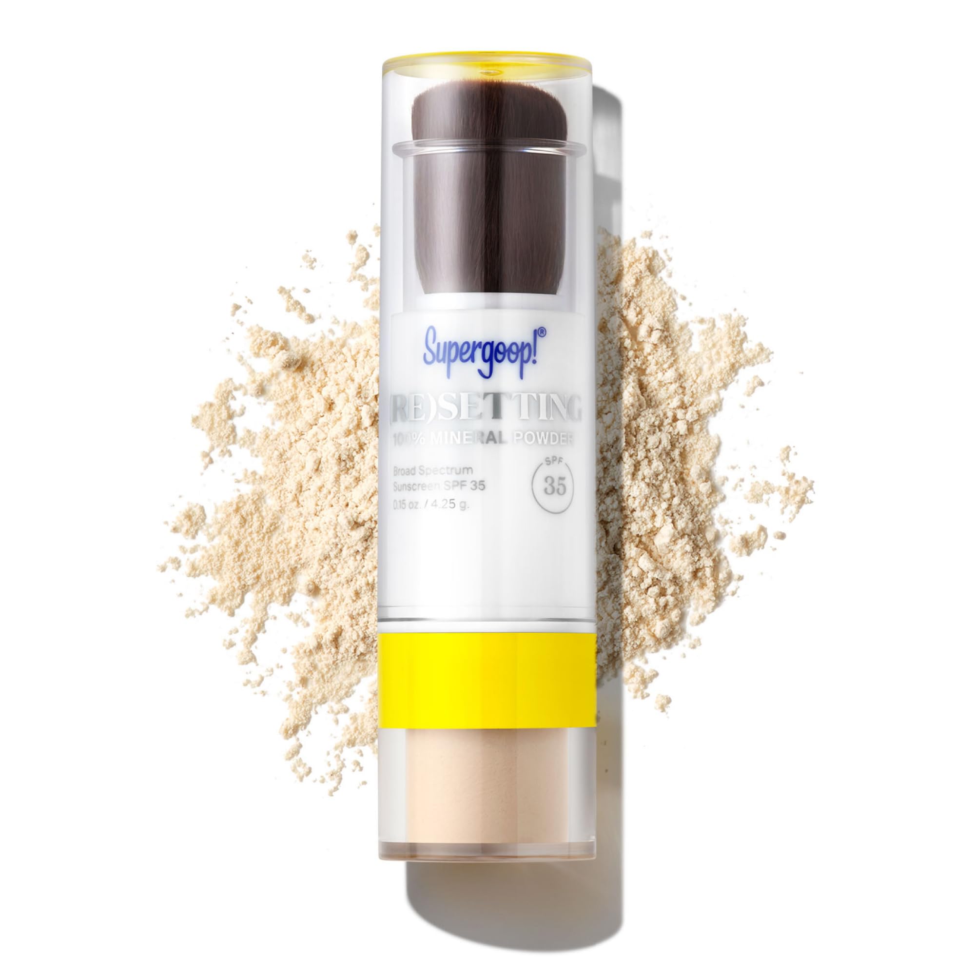 Supergoop! (Re)setting Powder translucent packaging with twist-lock brush for on-the-go SPF 35.