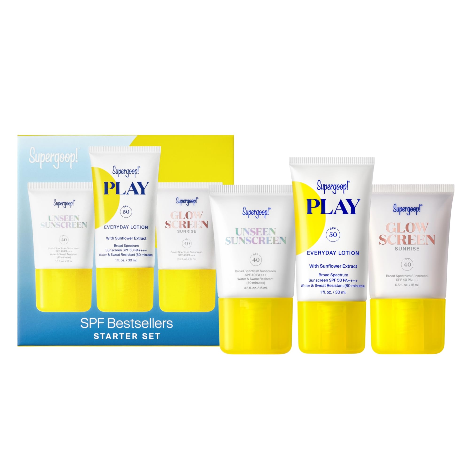 Supergoop starter set packaging front view, travel-ready SPF trio for on-the-go protection.