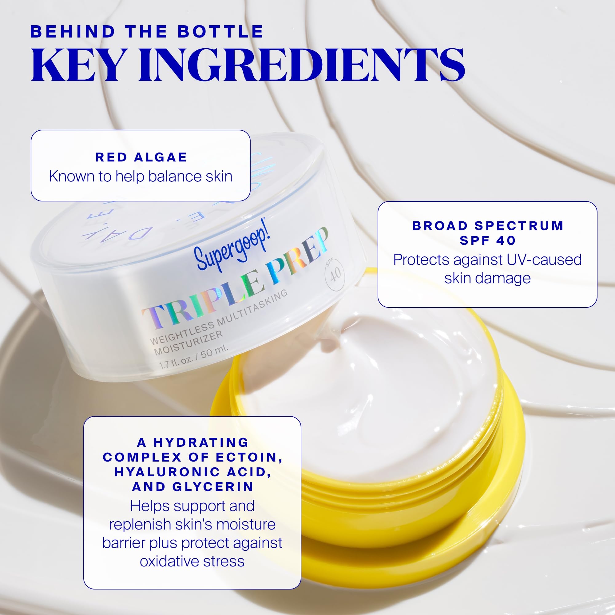 Supergoop! Triple Prep ectoin feature shown with texture enhances moisture resilience.
