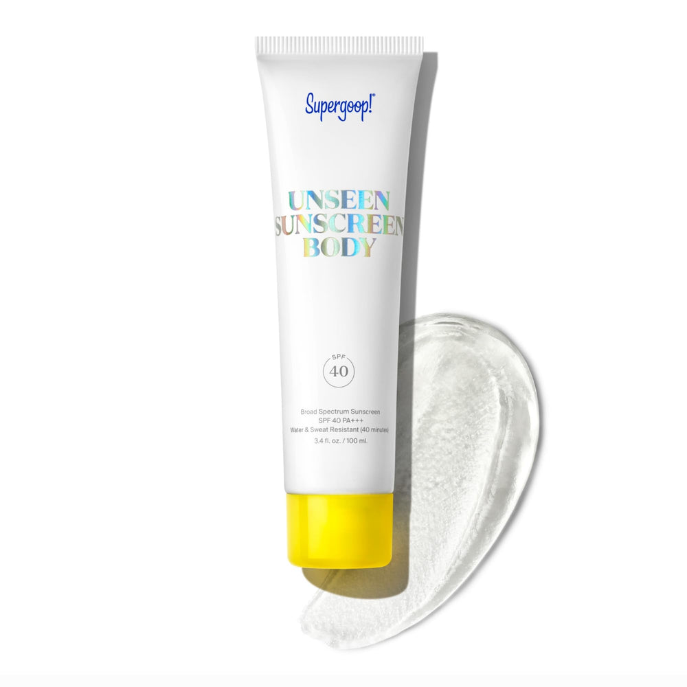 Supergoop! Unseen Sunscreen Body clear bottle showing invisible SPF protection with weightless feel