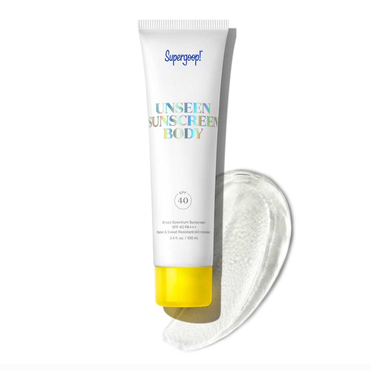 Supergoop! Unseen Sunscreen Body clear bottle showing invisible SPF protection with weightless feel