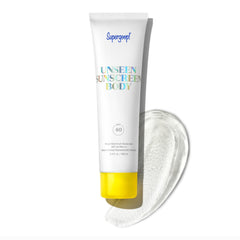 Supergoop! Unseen Sunscreen Body clear bottle showing invisible SPF protection with weightless feel