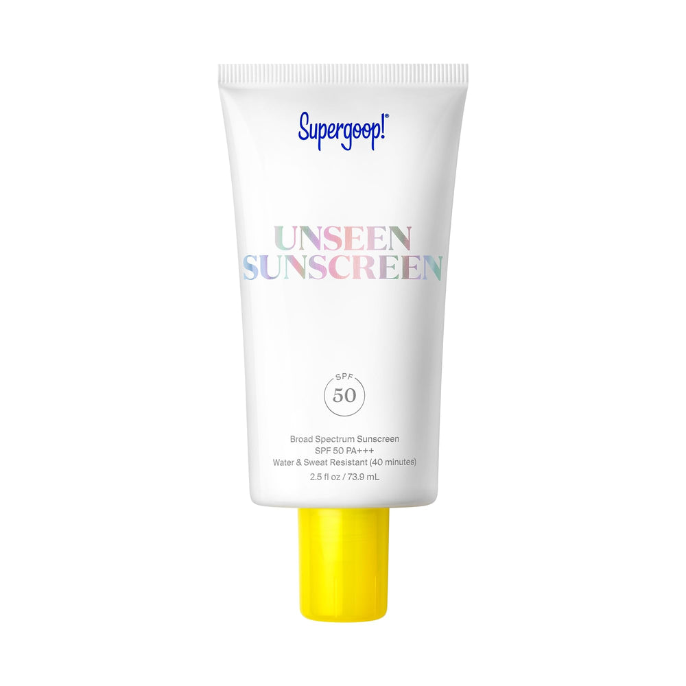 Supergoop! Unseen Sunscreen bottle front shows invisible SPF protection ideal for makeup-ready skin.