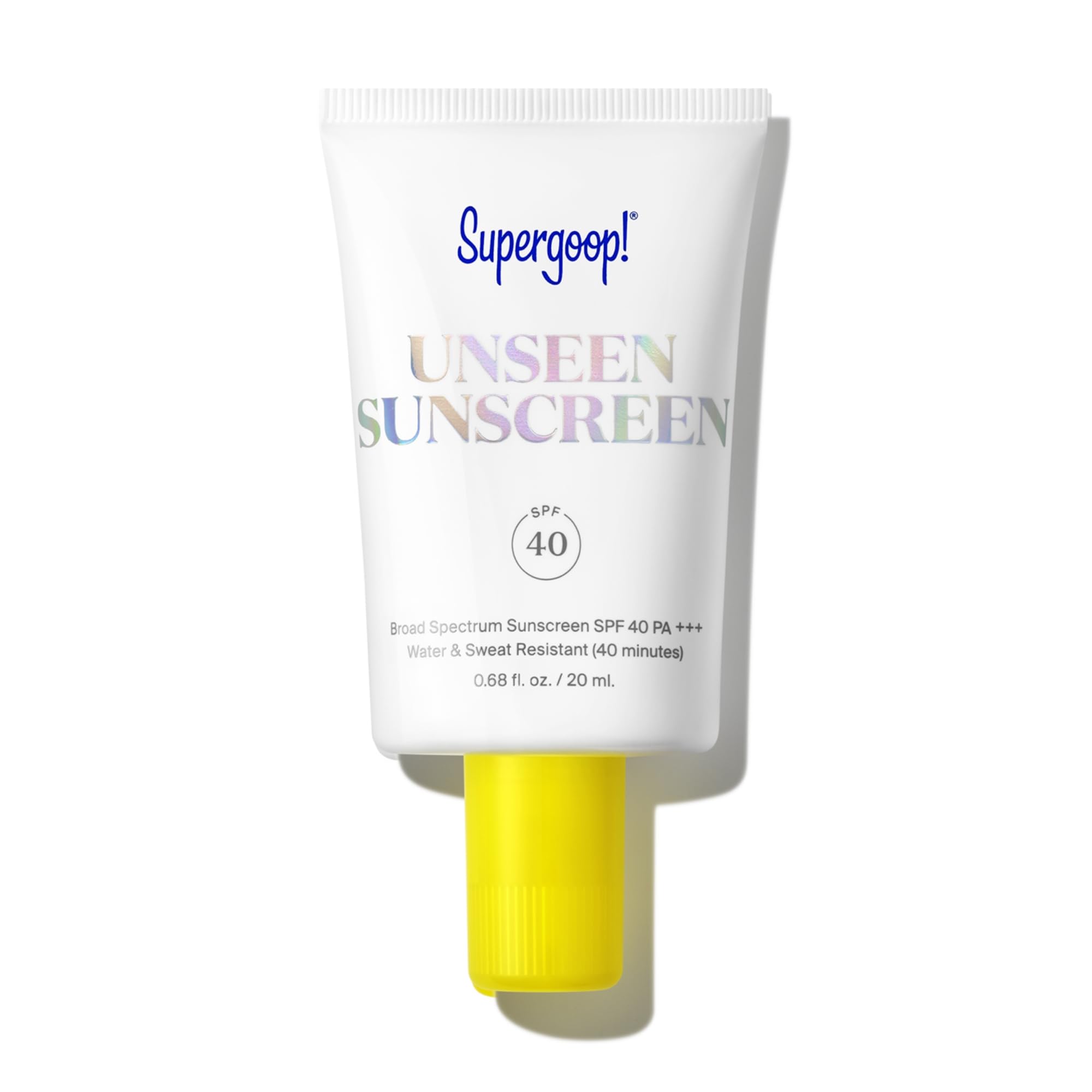 Supergoop! Unseen Sunscreen bottle in hand showing weightless SPF protection