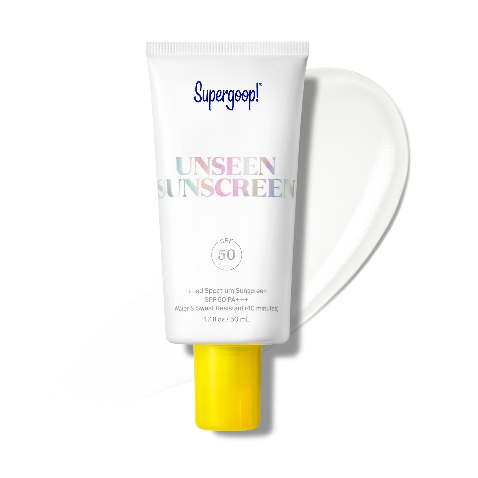 Supergoop! Unseen sunscreen bottle-pump showing weightless SPF 50 protection for all tones.