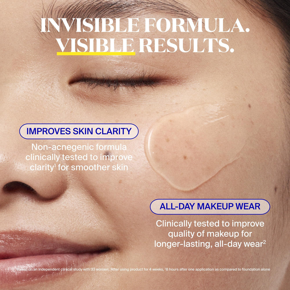 Unseen sunscreen texture close-up highlighting scentless, oil-free formula for all skin types.