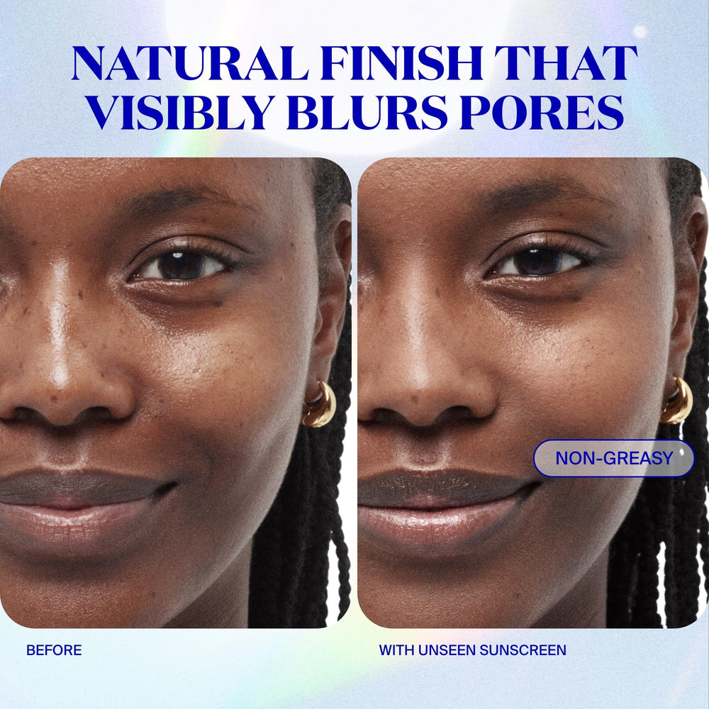 Unseen sunscreen primer-wear demonstrated for makeup longevity and pore blur.