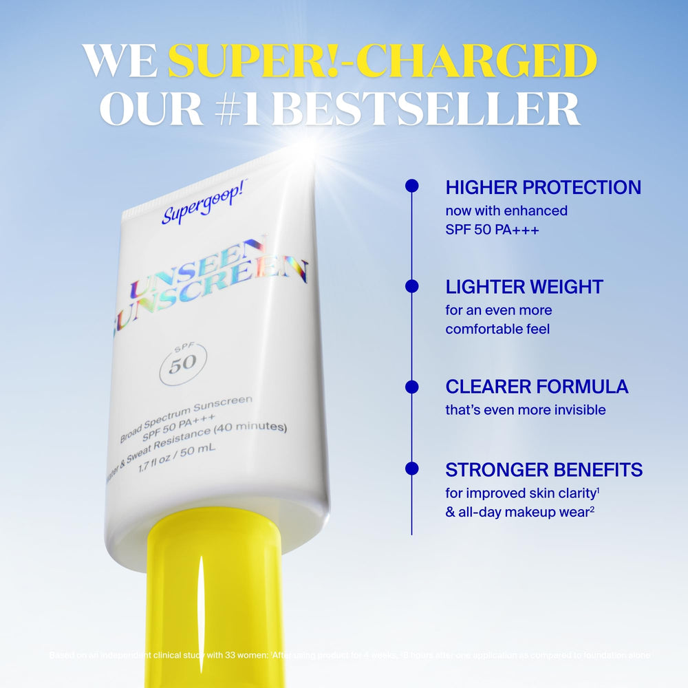 Packaging box of Supergoop! Unseen Sunscreen emphasizes fragrance-free, oil-free formula.