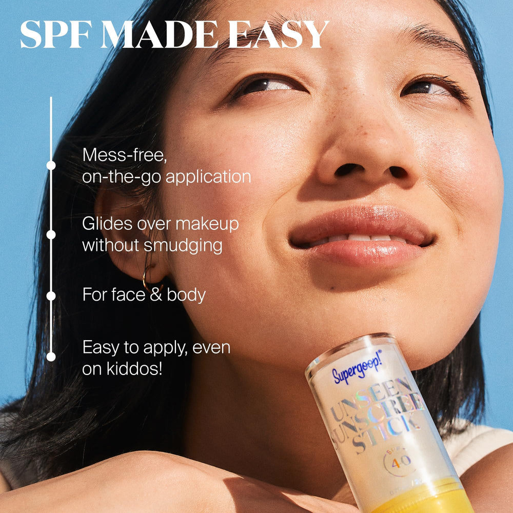 Supergoop Unseen Sunscreen Stick oil-control formula helps blur shine