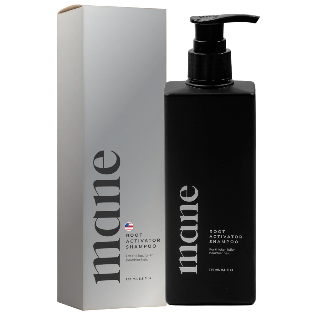 Superior Mane hair growth shampoo bottle promotes fuller-looking strands and scalp hydration.