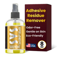 Supertape SAS adhesive remover bottle shows oil-based formula for gentle removal.