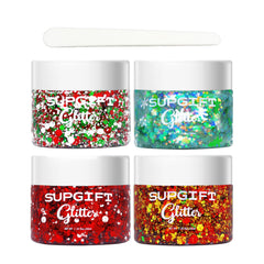 SUPGIFT Christmas Glitter Gel bottle closeup showcases holographic shimmer for festive makeup.