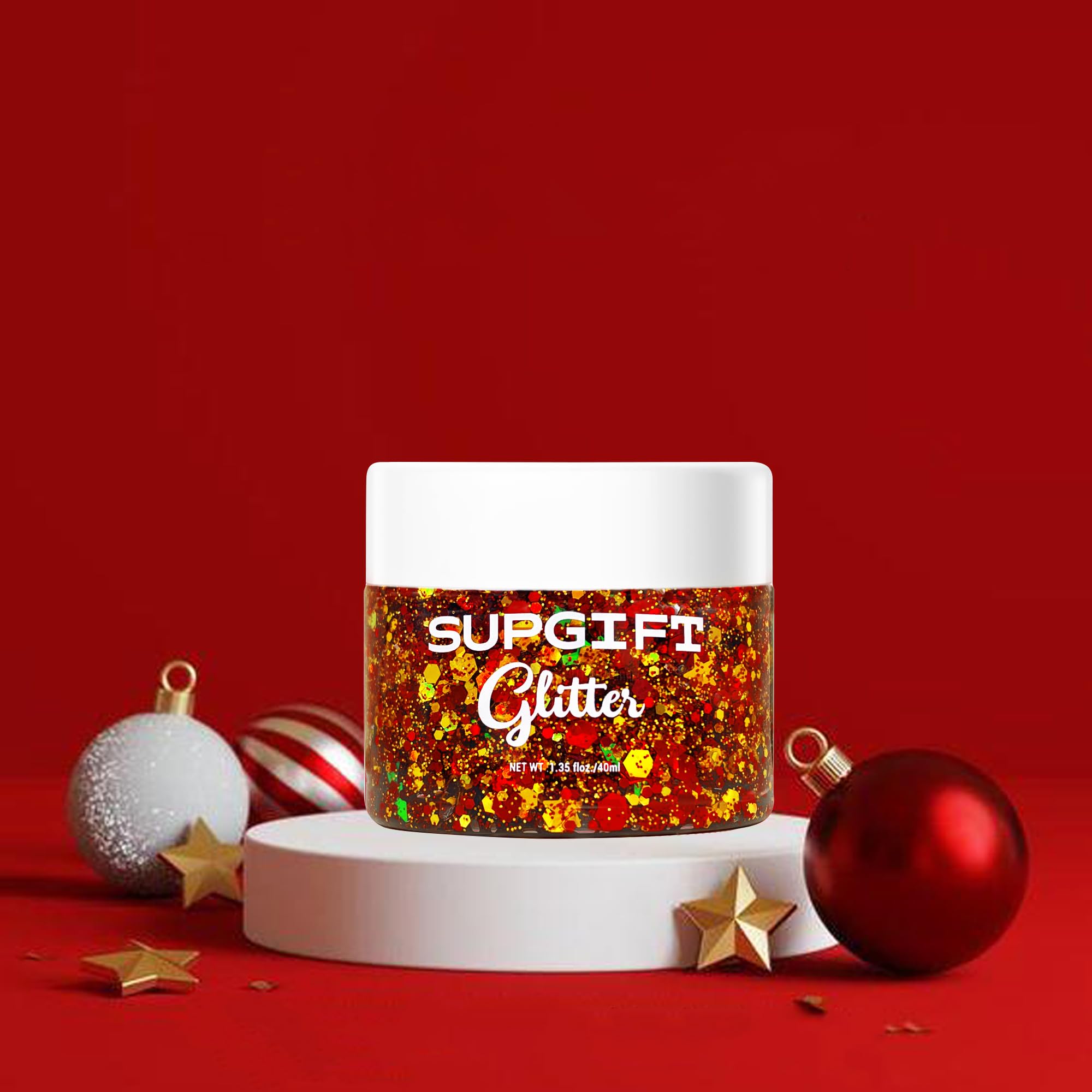 SUPGIFT glitter gel color swatch displays four shimmering hues for vibrant holiday looks.