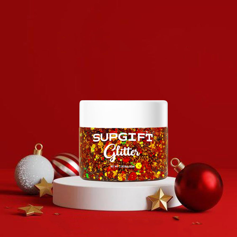 SUPGIFT glitter gel color swatch displays four shimmering hues for vibrant holiday looks.