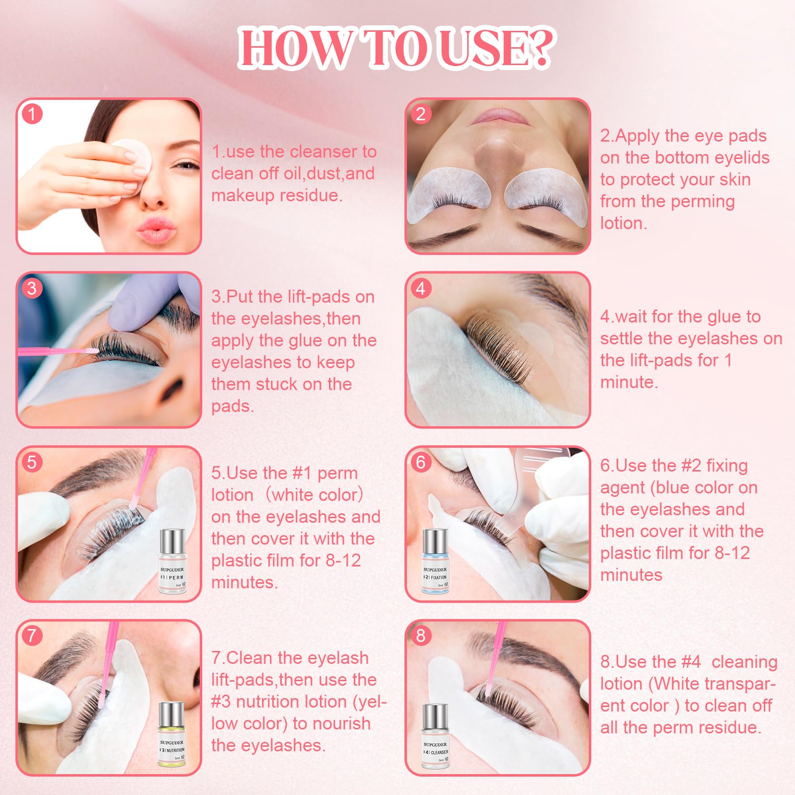 SUPGUDER lash lift kit application step demonstrates clear, at-home curling guidance.