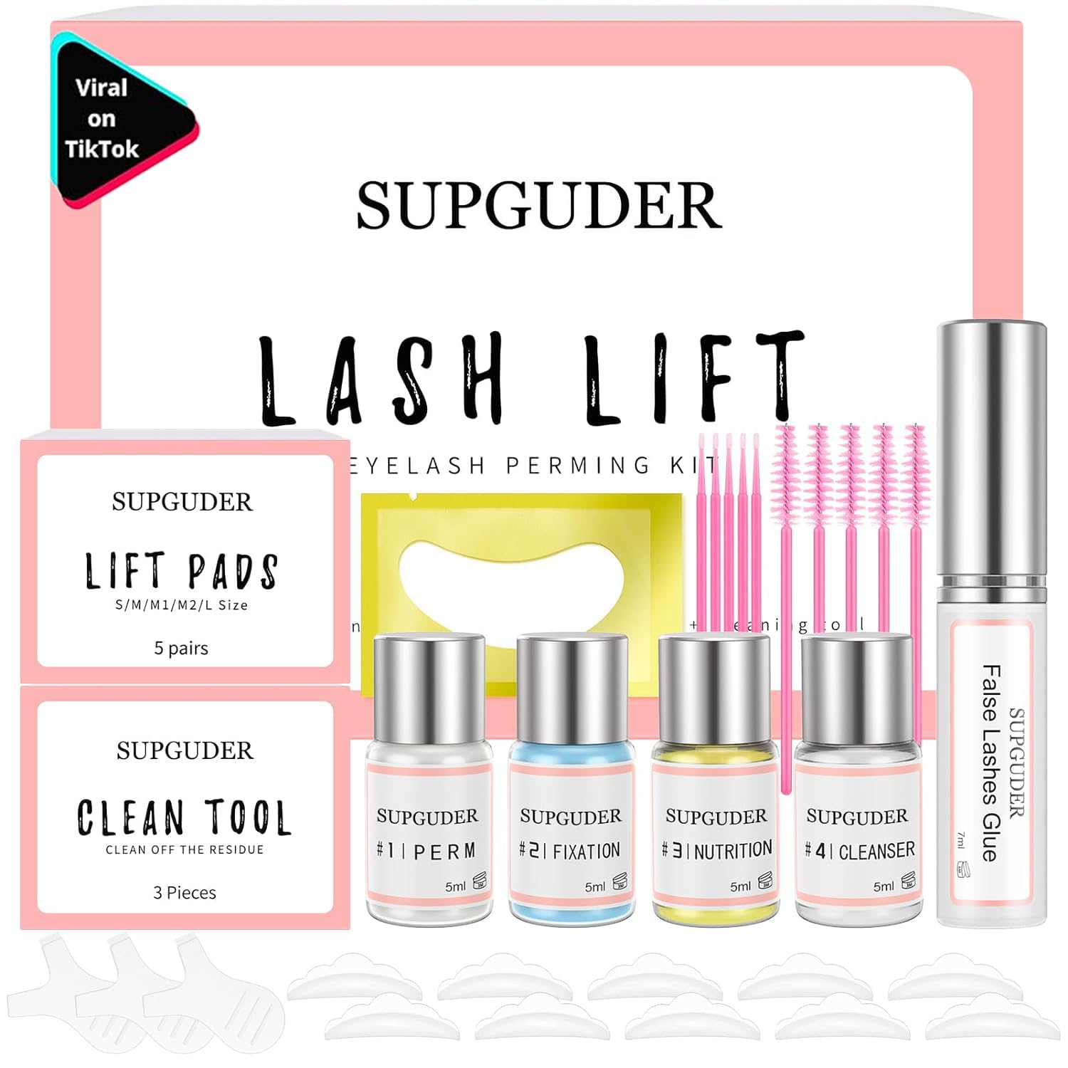 SUPGUDER lash lift kit box and tools for salon-ready curling.