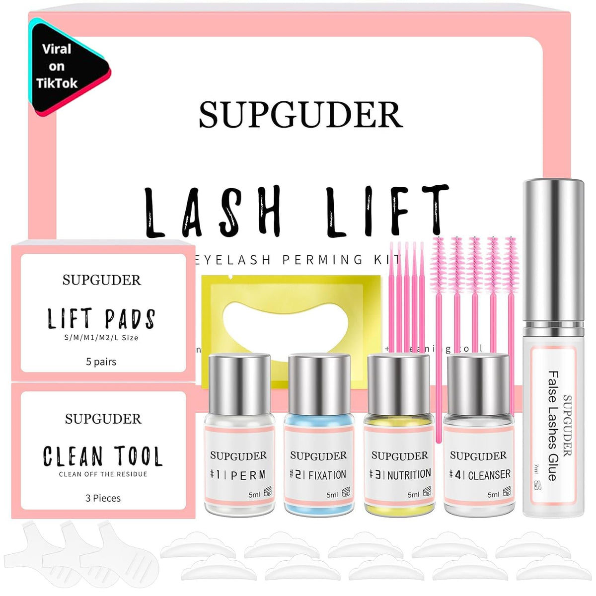 SUPGUDER lash lift kit box and tools for salon-ready curling.