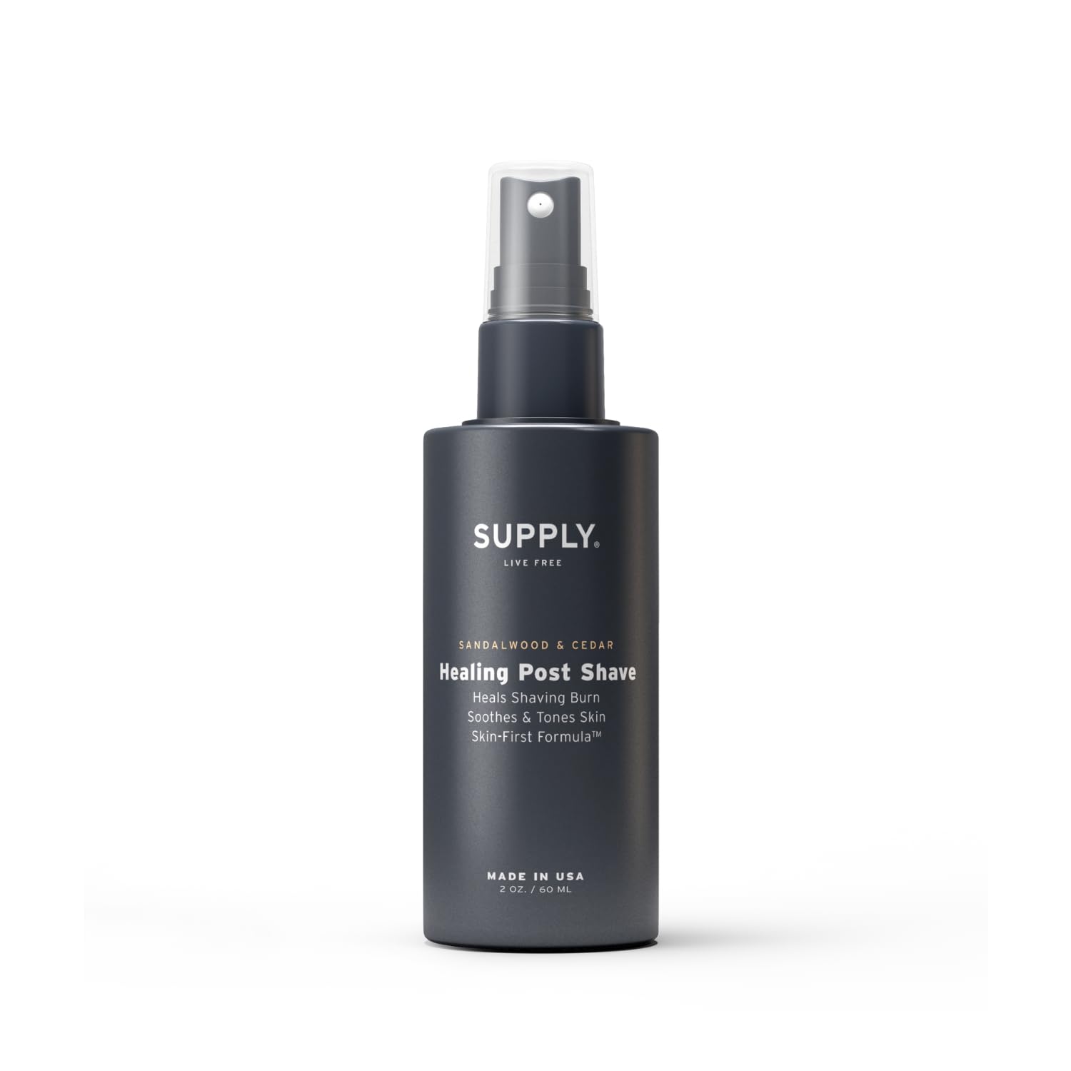Supply Healing Post Shave bottle pour showcases easy, alcohol-free soothing application for sensitive skin.