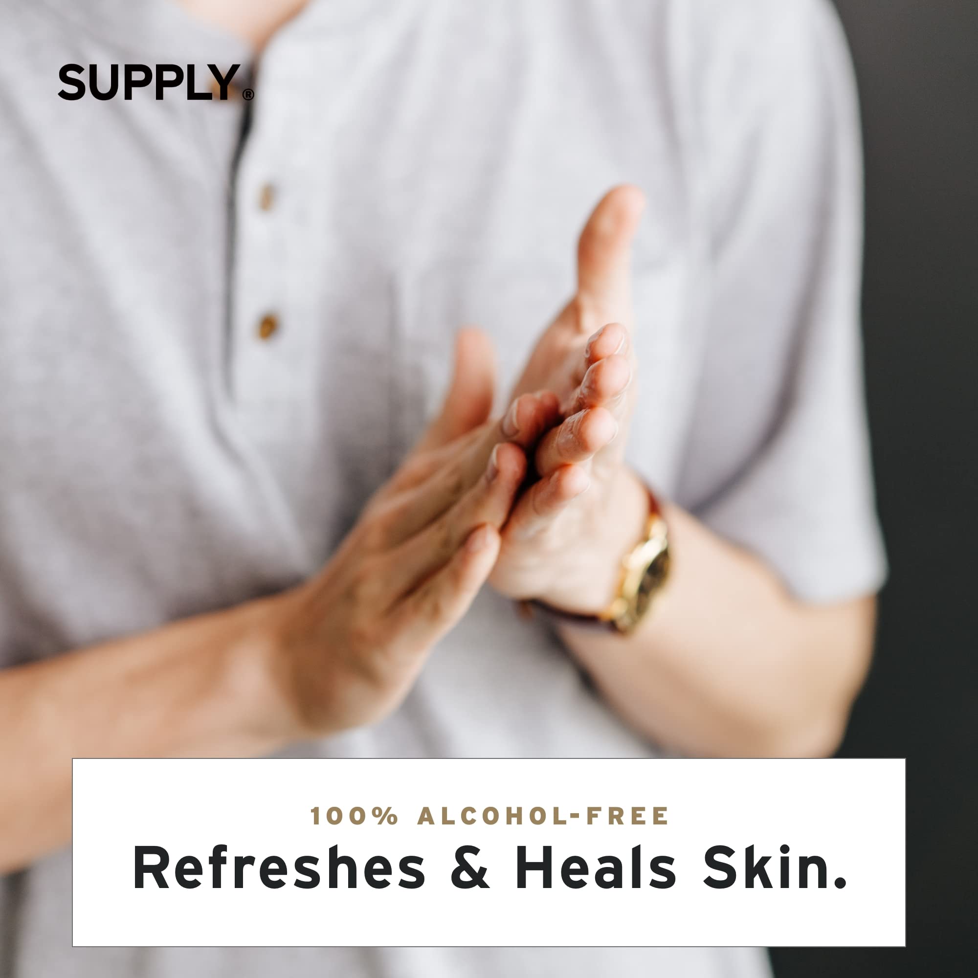 Supply Healing Post Shave packaging shot conveys compact, TSA-friendly and ready-for-travel convenience.