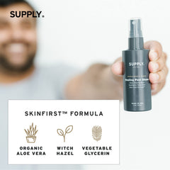 Supply Healing Post Shave sandalwood-cedar scent emphasizes natural fragrance to pair with cologne.